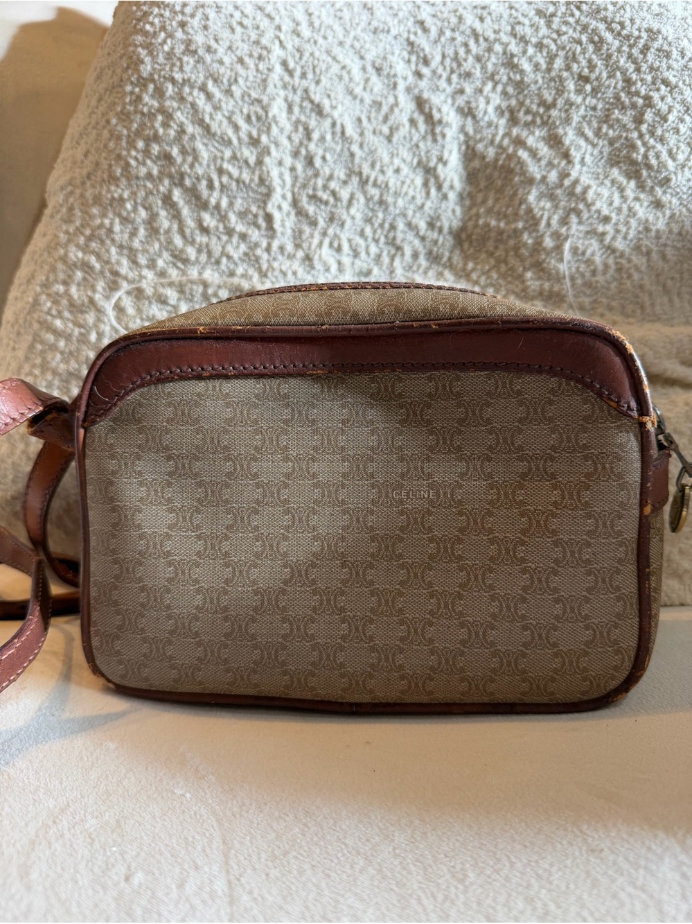 Vintage CELINE Macadam Camera Bag Crossbody Greige & Maroon Leather - Picture 4 of 15